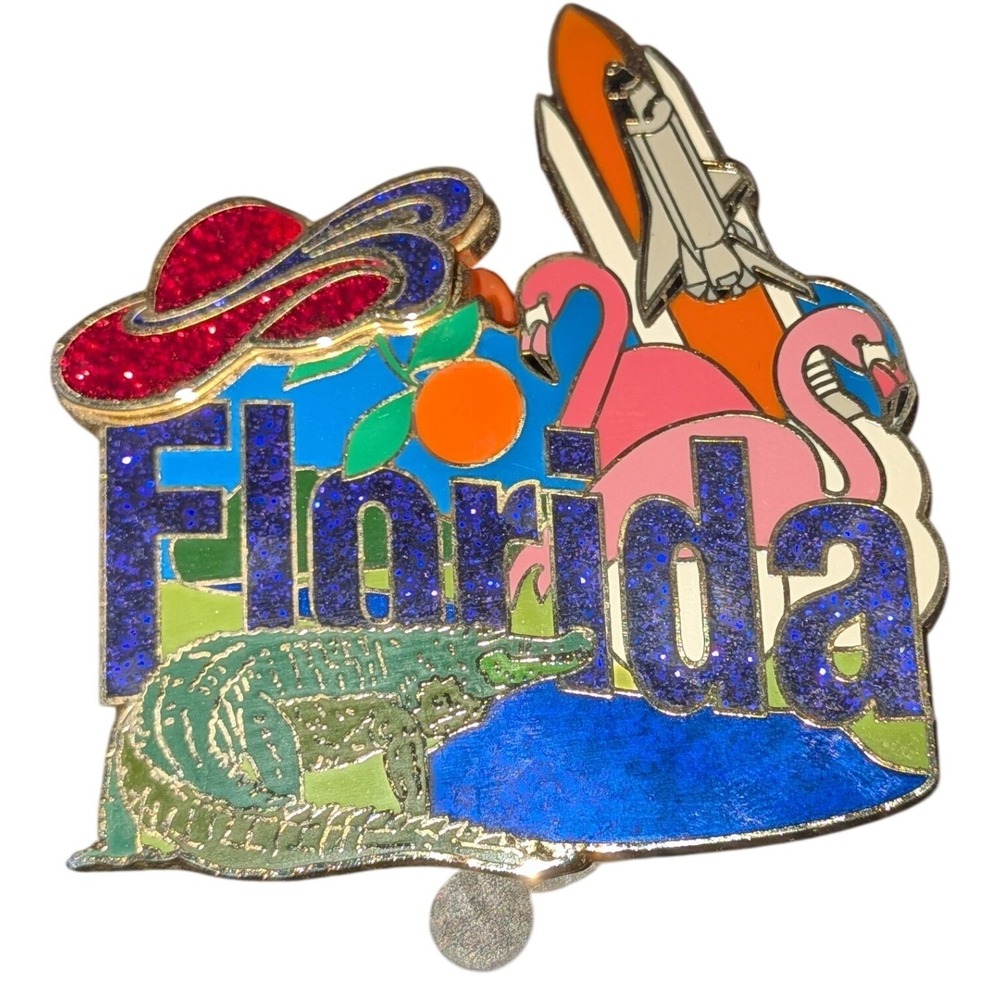 Red Hat Society 2003 Florida Enamel Pin Flamingo Alligator Space Shuttle VTG